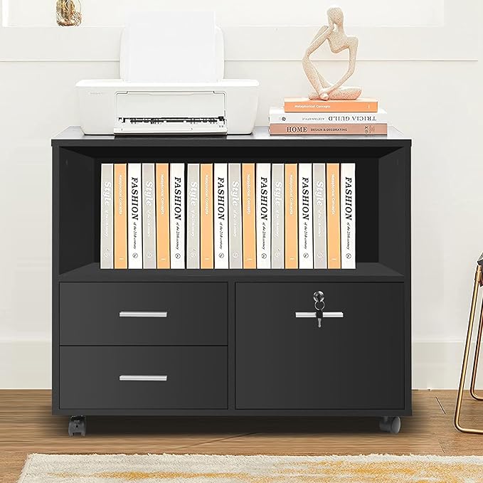 LUCKYERMORE 3-Drawer File Cabinet with Lock, Mobile Home Office Storage Cabinet with Shelves & Printer Stand, Black