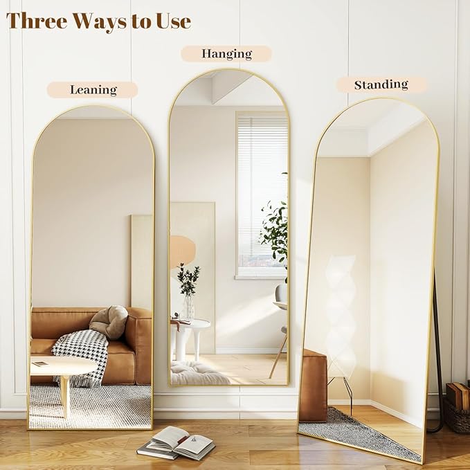 Koonmi 34"x76" Arched Full Length Mirror, Gold Large Floor Mirror with Aluminum Alloy Frame, Standing, Hanging or Leaning Wall-Mounted Vanity Mirror for Living Room and Bedroom