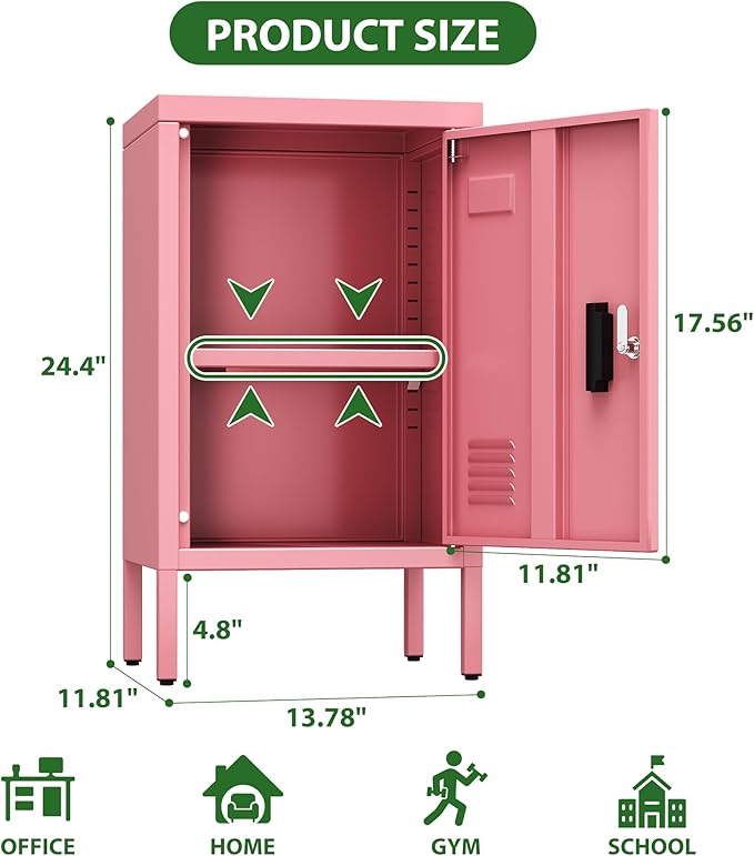 Aobabo 24.4" H Metal Locker Storage Cabinet with 1 Doors, Pantry Storage Cabinet with Adjustable Leveling Foot and Adjustable Shelves, for Kitchen, Employees, Office, Home, Assembly Required, Pink