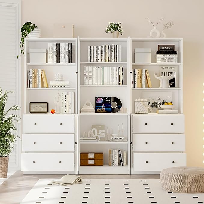 TUSY 71" H Bookshelf Bookcase with Doors, 3-Tier Modern Bookshelves with 3 Large Drawer, Display Bookcase with Glass Doors, Modern 5-Tier Curio Cabinet for Home Office, Dining Room (White, BAB)