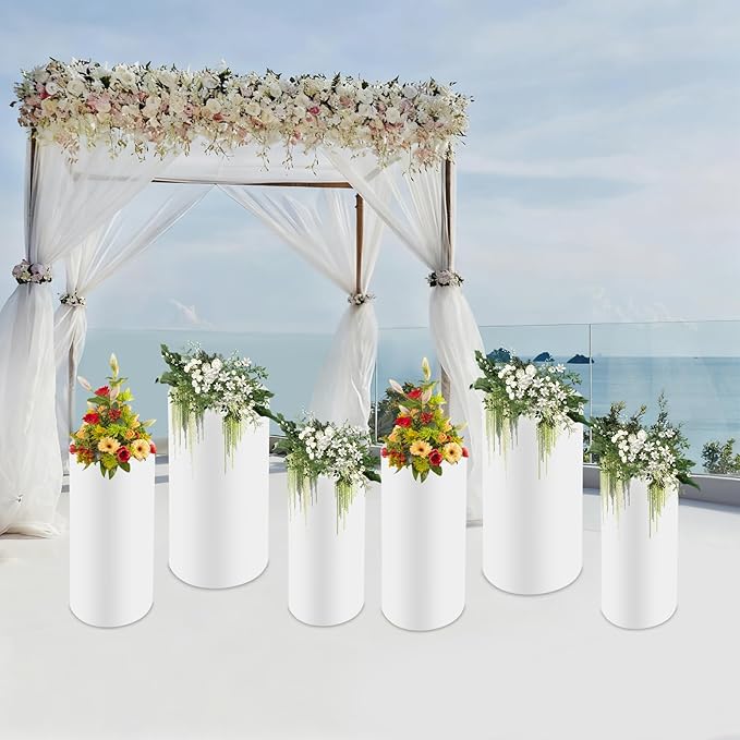 OUKANING 6 PCS Metal Display Pedestal Stands, White Cylinder Display Stands Pillars, Decoration Cube Sculpture Display Column for Wedding Party Baby Shower Birthday, H27.56'', 26'', 23.62''
