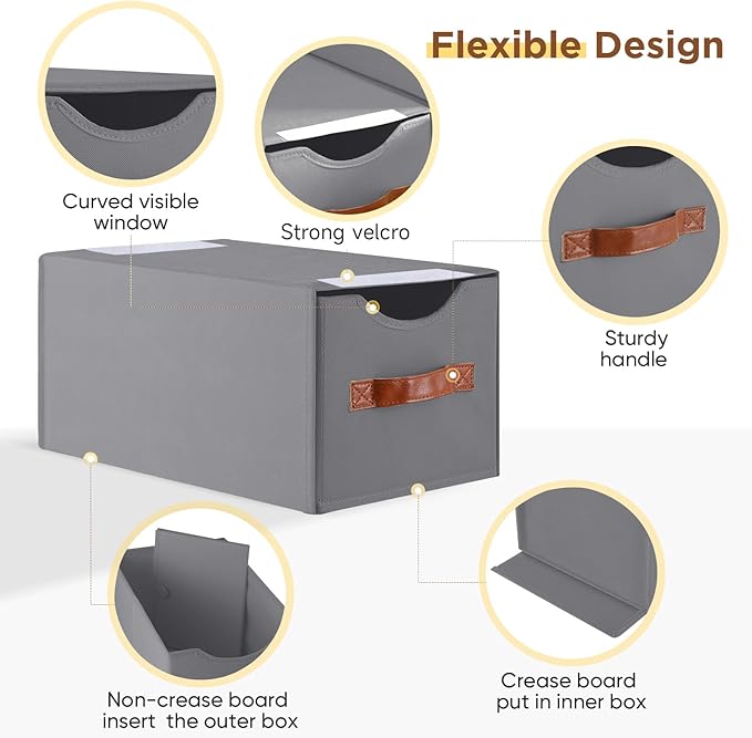 4 Pack Stackable Storage Drawers, Fabric Closet Organizers and Storage with Handles and Clear Window, Pull-Out Clothes Storage Bins with Drawer for Closet, Bedroom, Living Room, Under Bed, Gray