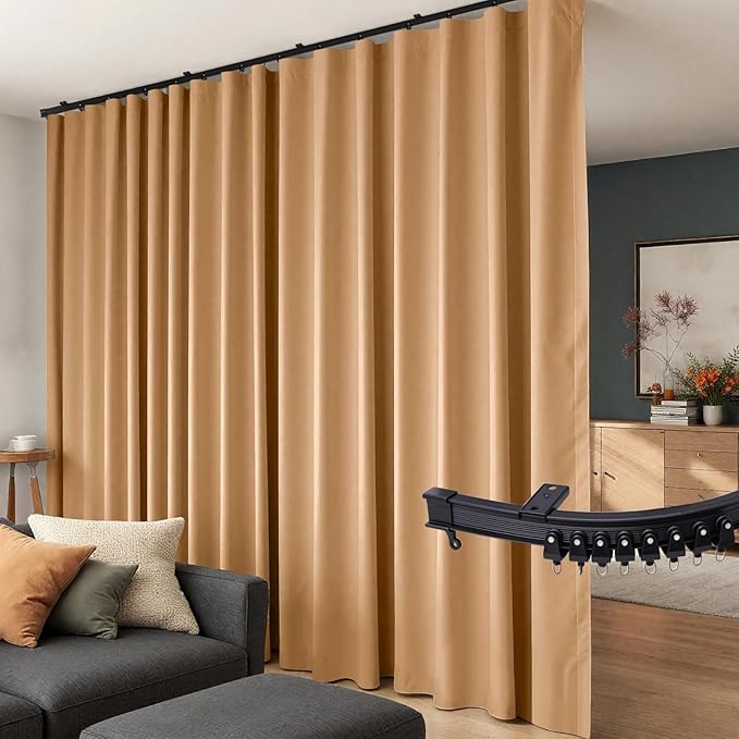 Room Divider Curtains Flexible Ceiling Tracks set Curtain track Ceiling Mount Blackout Curtain for Living Room Bedroom Ceiling Curtain Rod Privacy Dividers Panels W180 x H96 Khaki Drape & Black rail