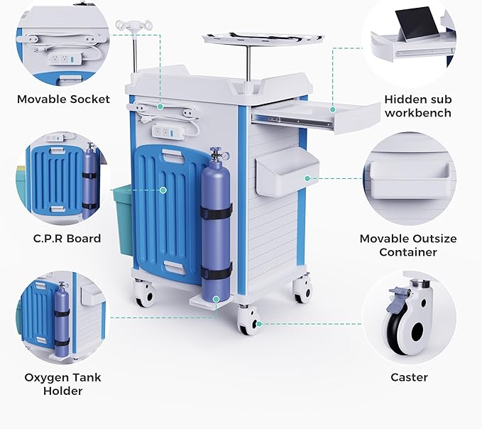 Adjustable Rolling Medical Storage Crash Cart - Includes Silent Casters, IV Pole, Needle Disposal Holder, Trash Bin & O2 Holder - Ideal Nursing Trolley for Clinics, Hospitals