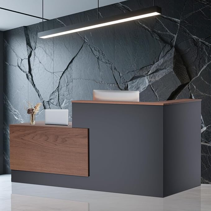 L-Shaped Modern Reception Desk with Counter & Storage - 84" Large Office Front Desk, Salon Checkout Counter with Lockable Cabinets, Shelves (Brown & Black, Right - 84''L x 34''W x 41''H)