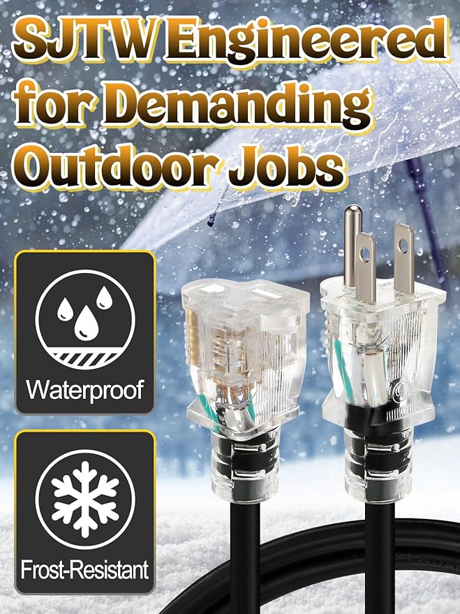Lighted End Heavy Duty Outdoor Extension Cord Waterproof -16AWG, 3 Prong, 15A, 1875W, Flexible Black Power Extension Cord for Outsides, 6ft