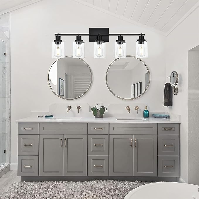 5-Light Track Lighting Kit Black Track Lighting Fixtures Bathroom Wall Sconces Ceiling Mount Kitchen Tracking Lights, Rotatable Spotlight with Clear Glass Shade for Kitchen Shop Hallway