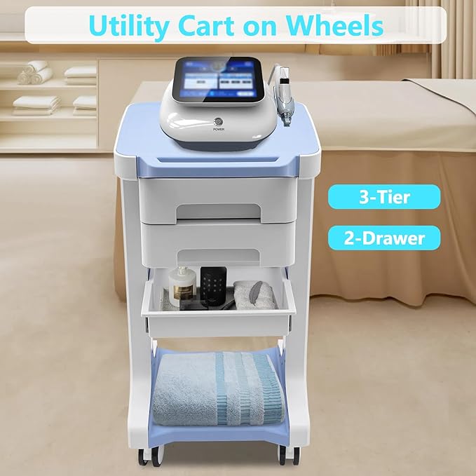 Professional 3-Tier 2-Drawer Salon Trolley Cart with Wheels Utility Cart with Drawers Mobile Storage Cart, Max 50kg/110lb Load, 16.14 * 16.14 * 26.38in (Blue)