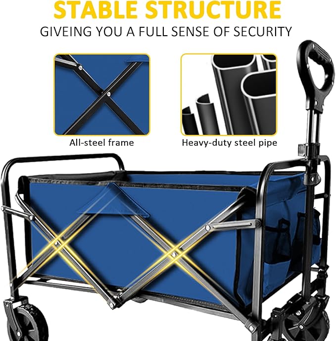 Collapsible Utility Cart Folding Wagon, 220 lbs Capacity Lightweight Rolling Cart with Quiet Wheels, Quick-Fold Design for Camping, Shopping, Ourdoor Use, Blue 2PCS
