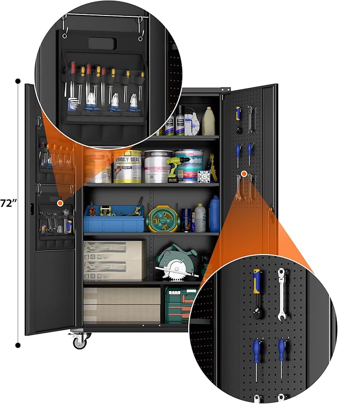 Aobabo Extra Large Cabinet on Wheels, Metal Storage Cabinet with Pegboards, Steel 2 Handles Locking Doors and Adjustable Shelves, for Garage Office, Black, 43.3''W x 21.6''D x 72''H, Assembly Required