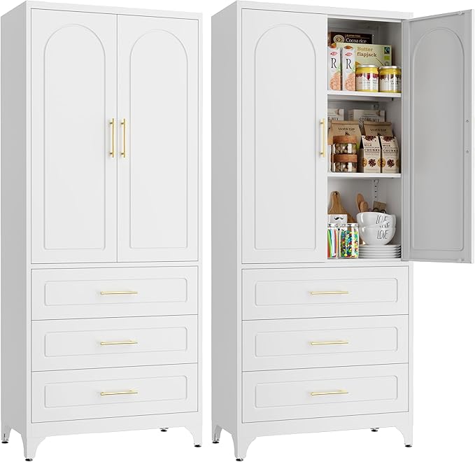 Metal Kitchen Pantry Cabinet with 3 Drawers，75 Inch White Food Pantry Cabinets for Kitchen Storage with 2 Adjustable Shelves,Tall Storage Cupboard for Living Room,Dining Room Office