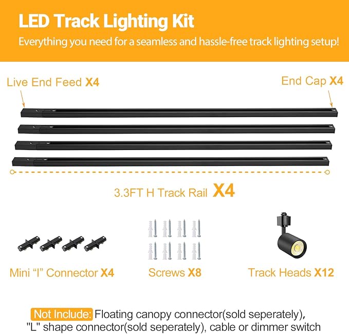 VANoopee 12-Light LED Track Lighting Kit with 13FT H Type Track Lighting Rail, Dimmable LED Track Light Heads Modern Kitchen Track Lighting Fixtures Ceiling Spot Light 3000K 24° CRI90+ 10W 800lm Black
