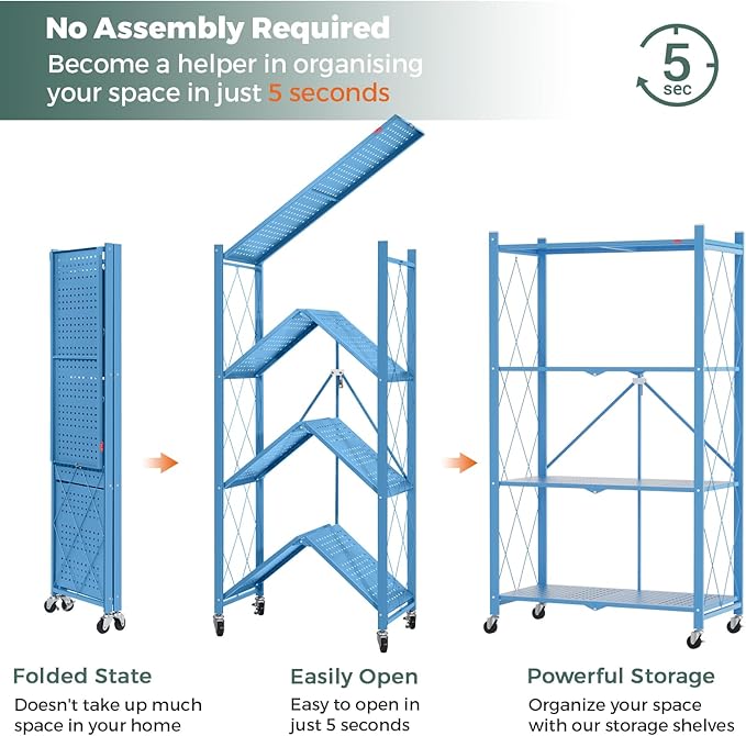 DEANIC 4 Tier Foldable Storage Shelves with Wheels, Large Capacity Shelving Unit, Freestanding Metal Wire Shelf Rack, No Assembly Organizer Rack for Garage Kitchen, Basement(Blue)