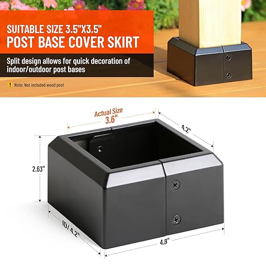 4"x4" (Actual: 3.5"x3.5") Deck Post Base Cover Split, Aluminum Post Base Trim Skirt Decorative Black 8Pack
