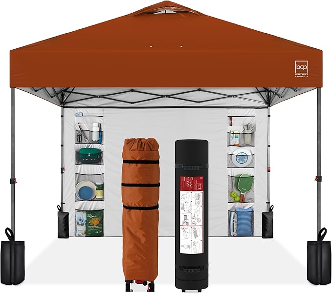 Best Choice Products 10x10ft Easy Pop Up Canopy w/Side Wall, 10 Pockets, Portable Carrying Case, 1-Button Setup, 4 Weight Bags - Rust
