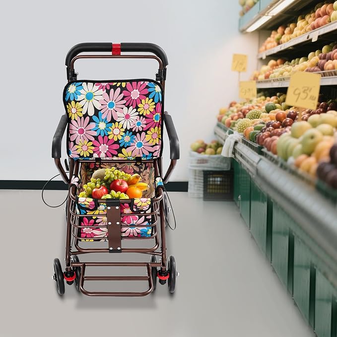 Shopping Cart, 220lbs Foldable Shopping Cart, Utility Cart with Seat & 360° Wheels, for Groceries, Laundry, Camping (Flower)