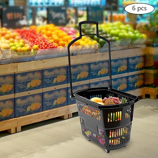 35L 6PCS Black Shopping Baskets with Wheels, Portable Rolling Shopping Basket Cart, Heavy Duty PP Plastic Storage Basket with Handle, 50kg Load Capacity for Supermarket, Retail Store, Warehouse