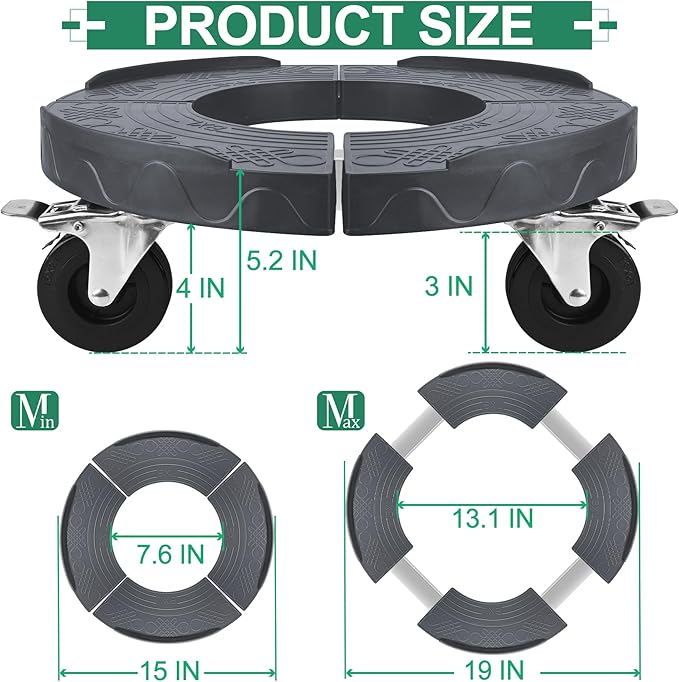 ToLanbbt Trash Can Dolly with 3 in Upgraded Wheels, 15-19 in Adjustable Round Furniture Dolly, Heavy Duty 480 LBS Drum Rolling Base, Keg Dolly for 20, 32, 44, 55 Gallon Garbage Cans, Gray, 1 Pack