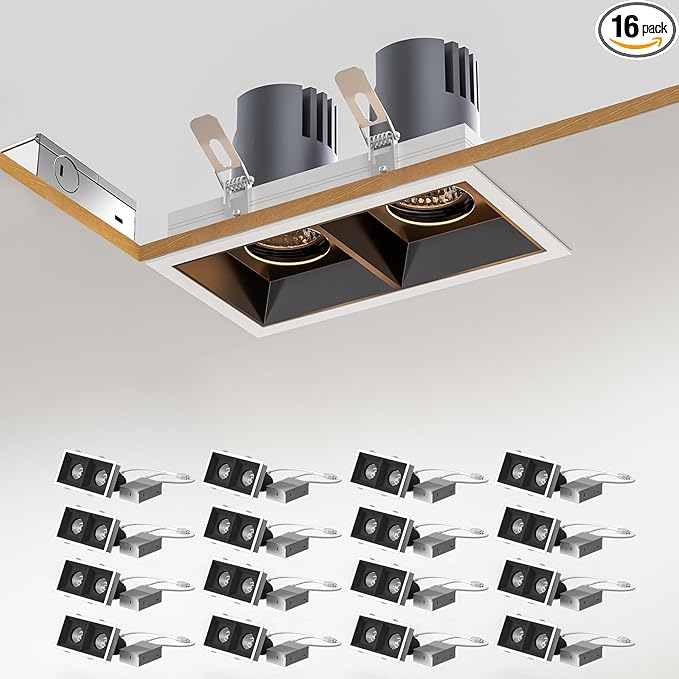 LED Square Recessed Lighting 16 Pack, 24W Adjustable Downlight, Aluminum Recessed Ceiling Light with junction Box, 5 CCT 2700K-6000K, TRIAC Dimming Rotation Spotlight for Living Room Hallway Kitchen