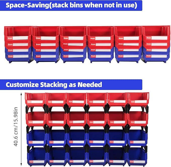 Stackable Storage Bins 24 Pack (5x4x3 Inch), Plastic Stackable Storage Organizer Bins Wall Mounted Hanging Small Parts Bin for Garage, Workbench & Office (Blue & Red)