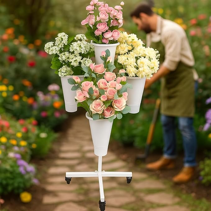 DYALE Flower Display Stand with Buckets - Flower Cart with Wheels for Bouquet Shop, Metal Flower Rack Display Stand for Wedding Garden, Party, Events 1 (White, Round buckets)