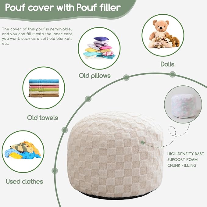 HIGOGOGO Round Stuffed Pouf Ottoman, Plaid Poufs with Foam Chunk Filling, Fluffy and Furry Pouf Foot Stool Storage Ottoman, 26 X 18 Floor Poufs Foot Rest for Living Room, Beige