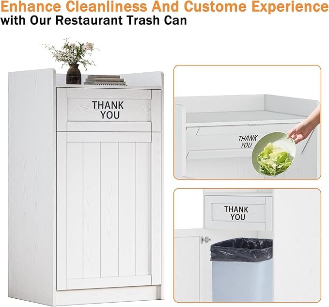 40 Gallon Trash Can Cabinet, Wooden Restaurant Trash Can with Tray Holder, Large Commercial Garbage Cabinet for Restaurant Cafeteria Office, White