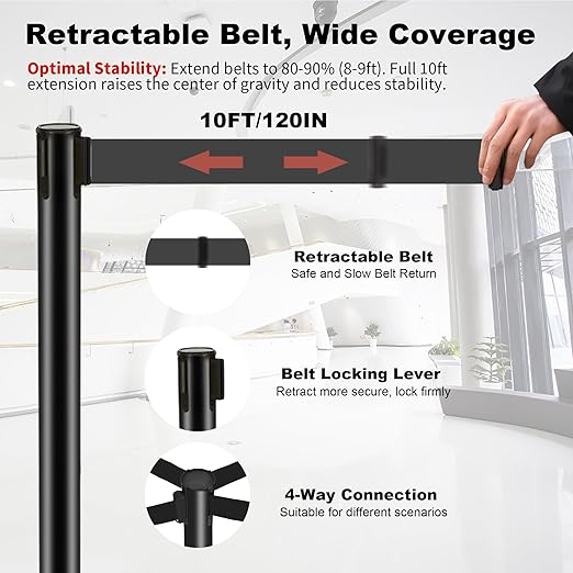 6 Pack Crowd Control Barriers Stanchions with 10 ft Retractable Belts - Heavy-Duty Base Stanchions for Queue Management in Airports, Theaters, Hotels, and Retail Stores(Black, 6 Pack)
