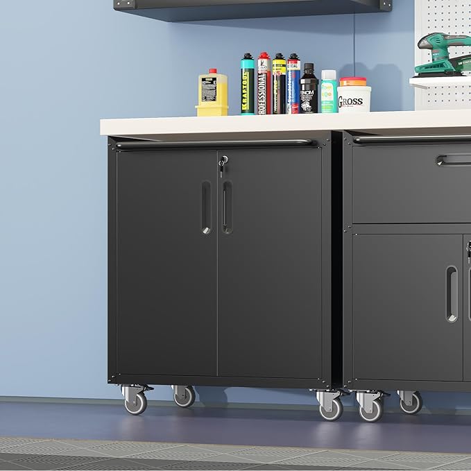 Metal Storage Cabinet with Wheels, Lockable Rolling Tool Chest with Adjustable Shelf & Handle & 2-Doors, Mobile Steel Locker for Garage, Home, Office, Warehouse, Assembly Required, Black