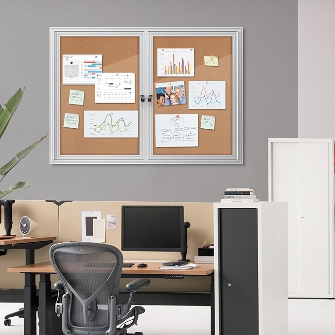 Mifuro 48"x34" Enclosed Bulletin Board, Outdoor Lockable Weather-Resistant Aluminum Cork Noticeboard for School & Office, Silver Frame w/Cork