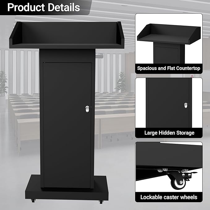 Tredre Podium Stand with Wheels for Lectern Presentation, Heavy-Duty Metal Pulpits for Offices, Classrooms, Conferences and Churches, Scratch-Resistant Surface, Hidden 2-Tier Storage, 46.5”H Black