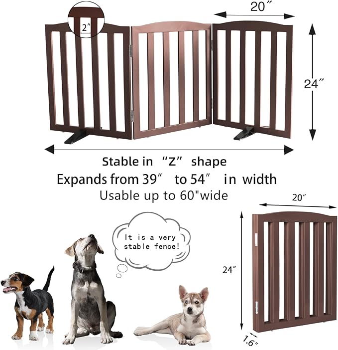 Freestanding Dog Gate Indoor,Doggie Gate Foldable Pet Gates for Doorways,Stairs or Hallways, Wooden Brown Pet Gate for The House, Pet Fence with Support Feet Included,24 "Height-3 Panels