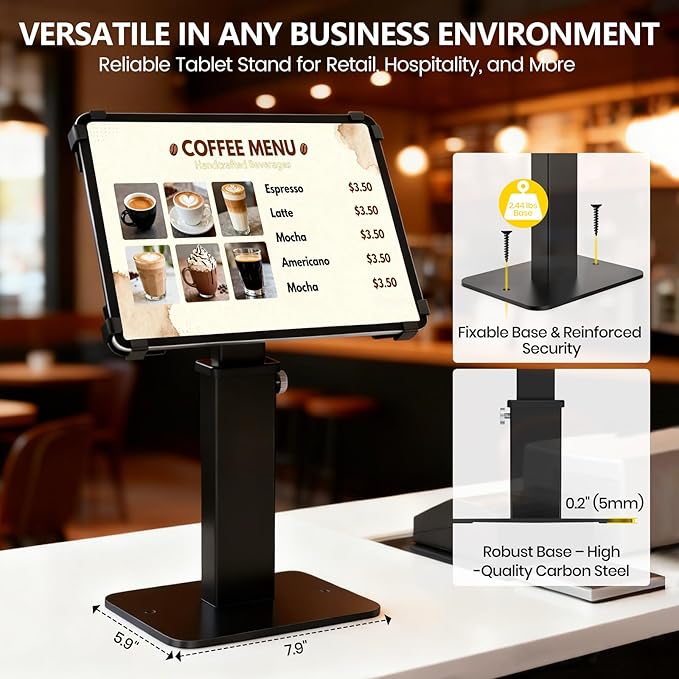 Adjustable Height Rotating Tablet Stand with Anti-Theft Lock, 360°Swivel & Tilt Aluminum & Carbon Steel Holder for 9.7-13 inch Tablets, for Desk, Office, Retail, Education(Black)