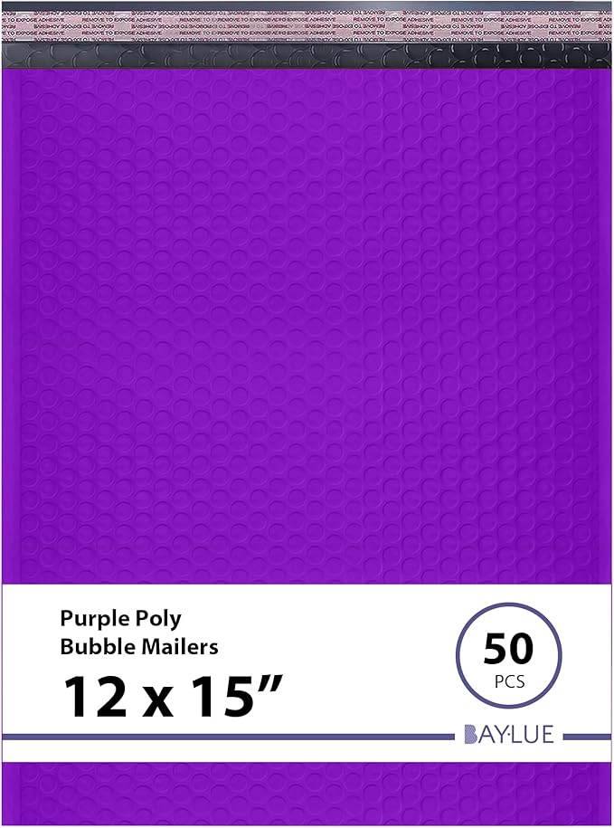 Purple Large Poly Bubble Mailers 12x15 inch | Self Seal Padded Envelopes Cushioned Bubble Mailer | Usable Size 12x15 | WaterProof | Lightweight mailing Shipping Bags | 50 Pack Bulk