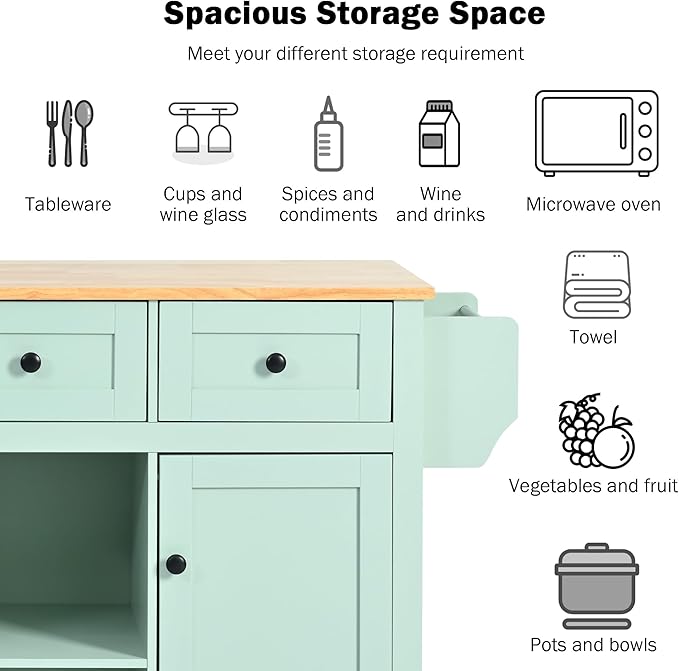 Rolling Kitchen Island with 2 Bar Stools, Drop Leaf, Cabinet Door Storage Racks & 3 Drawers, Mobile Kitchen Cart with Rubberwood Top & Locking Wheels for Dining Room & Kitchen, 53-Inch, Mint Green