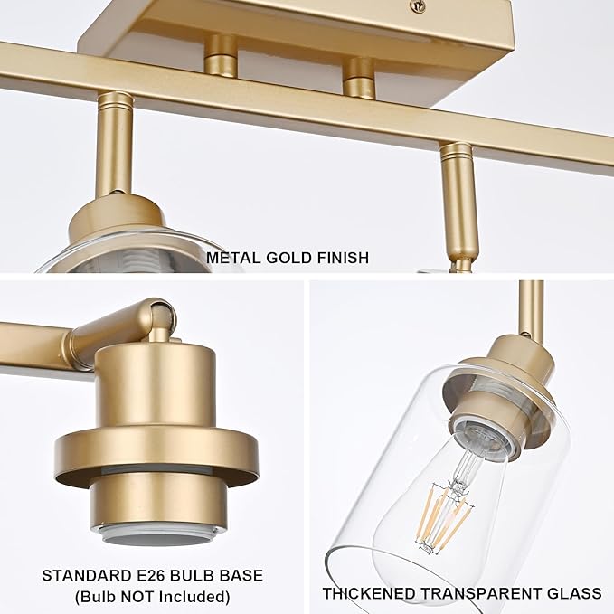 3-Light Gold Tracking Lights, Multi-Directional Rotating Ceiling Tracking Lighting Fixture with Clear Glass, Modern Bathroom Ceiling Vanity Lights Track Lighting Kits for Kitchen Accent Shop