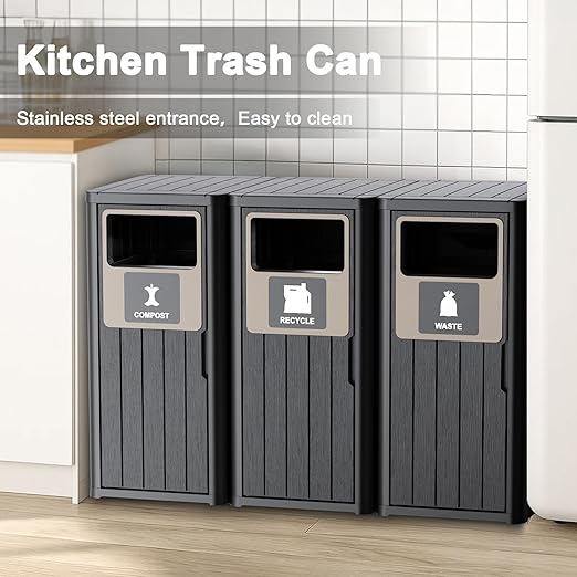 Outdoor Three Barrel Trash Can,Waterproof Resin Garbage Can with Garbage Labels,Durable Waste Bin for Porch, Backyard,Kitchen,for 30 to 39 Gallon Trash Bags
