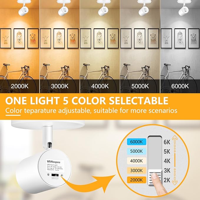 VANoopee 5-Color Dimmable Ceiling Spotlight Flush Mount Adjustable Directional LED Spot Lights Indoor Bright Accent Fixture for Art Picture Living Room - CRI90 24° Flicker Free 10W 800lm White 2 Pack