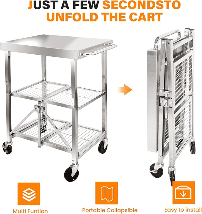 3 Tired Folding Grill Cart, Metal Pizza Oven Stand Table with 2 Total Lock Casters, Stainless Steel Outdoor Rolling Cart with Wheels for Home Party, Bar, Camping