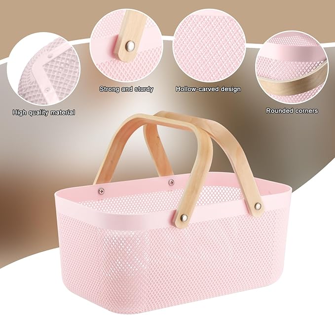 Sadnyy 4 Pcs Plastic Mesh Garden Harvest Basket Storage Basket with Wooden Handle Multi Functional Mesh Bin for Kitchen Cabinet Picnic Fruit Vegetable Gathering Organizer(Large,Pink)