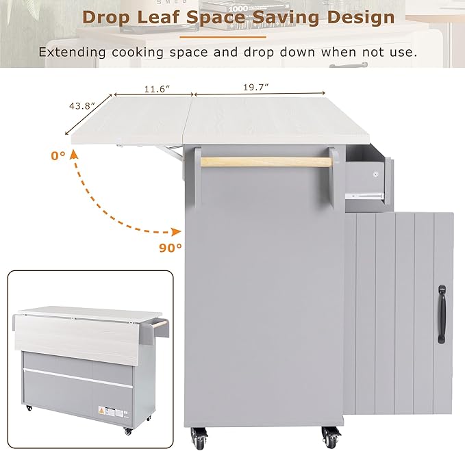 51" Moveable Kitchen Island with Trash Can Storage Cabinet, Kitchen Cart with Drop Leaf, Spice Rack, Towel Rack and Drawer, Rolling Kitchen Island on 5 Wheels with Adjustable Shelf, Grey