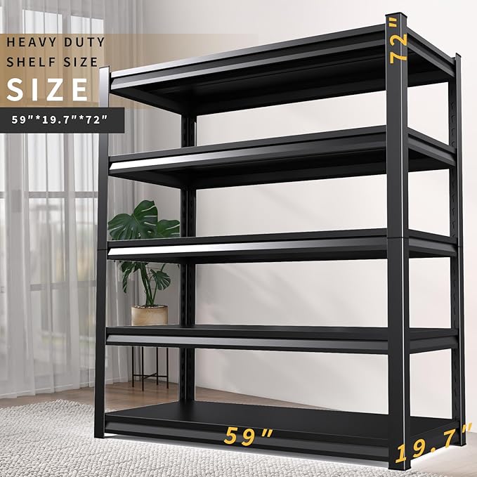 2 Pack Garage Shelving Heavy Duty Storage Shelves 3000LBS Adjustable Garage Shelves 5 Tier Metal Shelving Unit Utility Rack Shelf for Storage Kitchen Warehouse Pantry, Black,72" H x 59" W x 20" D