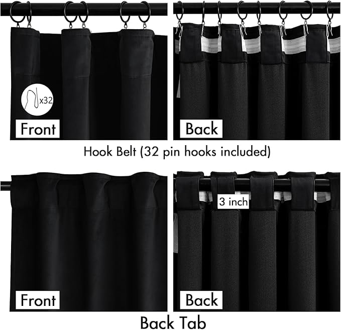 MIULEE Velvet Curtains 96 Inches Long 2 Panels Set for Bedroom, Pinch Pleat Back Tab Halloween Thermal Insulated Living Room Darkening Drapes Pleated Blackout Floor to Ceiling Curtain with Hooks Black
