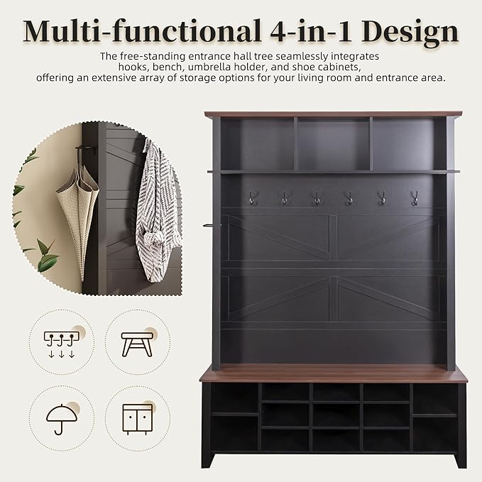 Merax Wood Rustic Hall Tree Entryway Bench with 6 Hooks and Adjustable Shelves, Farmhouse Mudroom Versatile Coat Racks with 16 Open Compartments, Entrance Organizer for Hallway Black