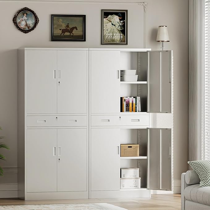 Metal Storage with 1 Drawer, 71" Cabinet with 4 Locking Doors and 2 Adjustable Shelves, Steel Storage File Cabinet for Pantry, Kitchen, Office, Garage (White)