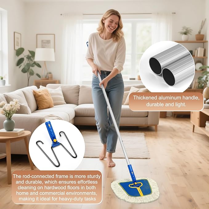 Commercial Dust Mop for Hardwood Floors Cleaning, Heavy Duty Industrial Dry Mop with Wedge Cotton Mop Pads for Walls Cleaner,Tile,Vinyl,Laminate, Floor Duster Broom for Home and Business Use