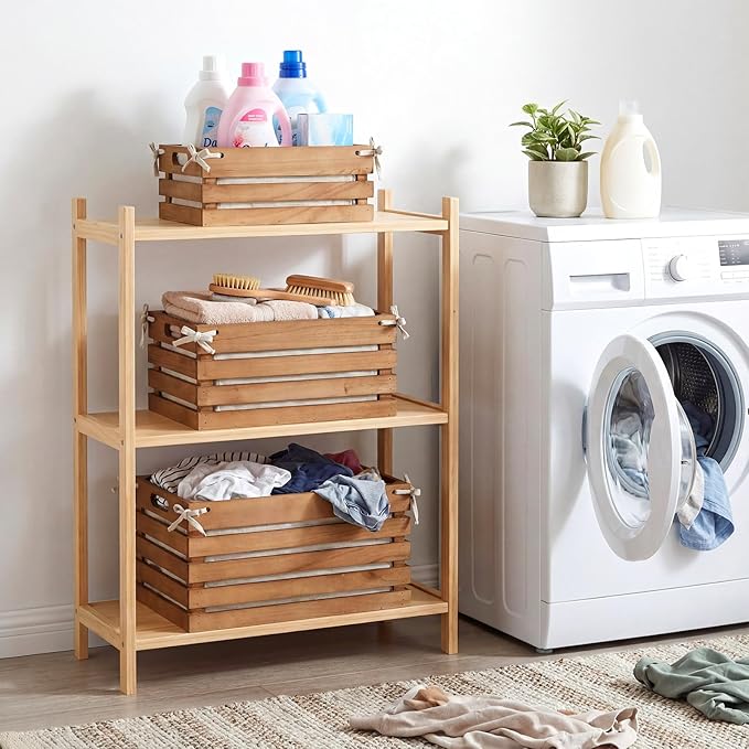 3 Pack Wooden Crates with Liner, Multiple Sizes Wood Crates Decorative Storage Baskets Rustic & Farmhouse Decor for Display Home Pantry Bathroom Cabinets Kitchen Laundry Room Organizing