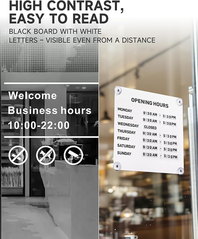 Metal Business Hours Sign with Suction Cups - Magnetic Open Closed Display Board for Storefront Window, Glass Door, Tile Wall & Counter - Changeable, Reusable & Rust-Resistant Steel Kit