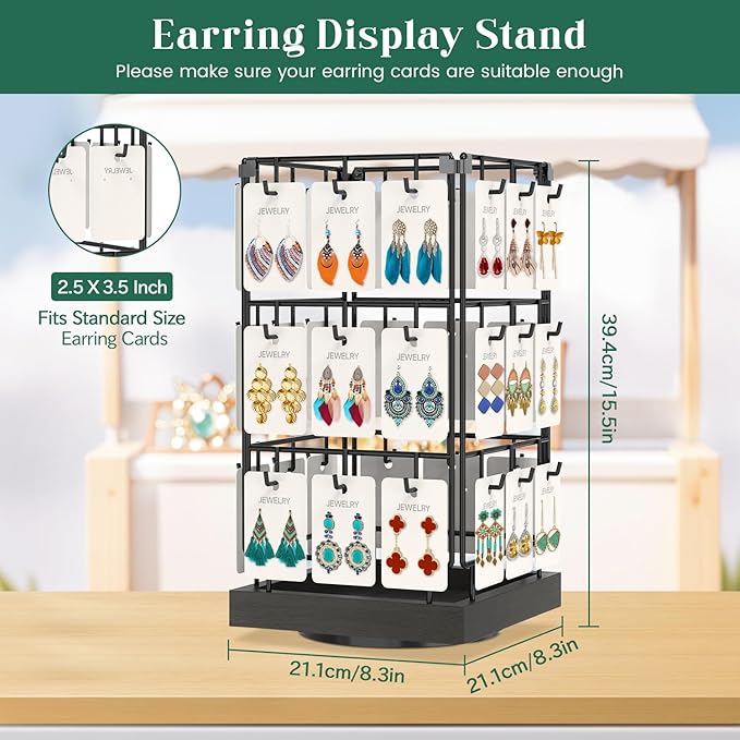 EsLuker.ly Rotating Earring Display Holder Stand for Vendors Events Selling, Large Capacity 36 Hooks Jewelry Rack with Wooden Base for Earring Card Sales, Enhances Retail Visibility(Black)