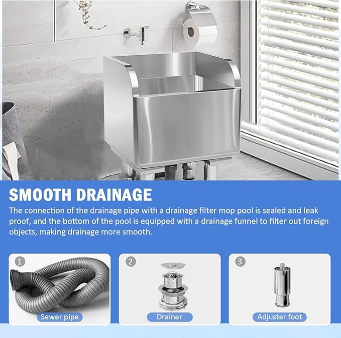 Commercial Floor Mop Sink，Stainless Steel Mop Service Basin，Mop Cleaning Sink，Vertical industrial sewage tank for balconies, laundry rooms, industries, etc（17.7”×16.1”×21.6”)
